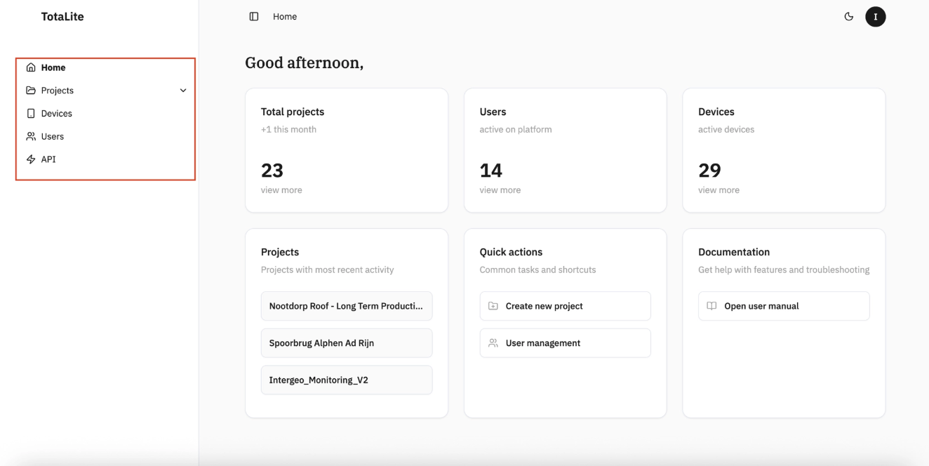 “Home” page left section with Home, Projects, Devices, Users, API pages