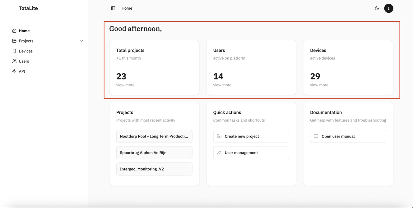 Top section with “Total projects”, “Users”, “Devices” overview