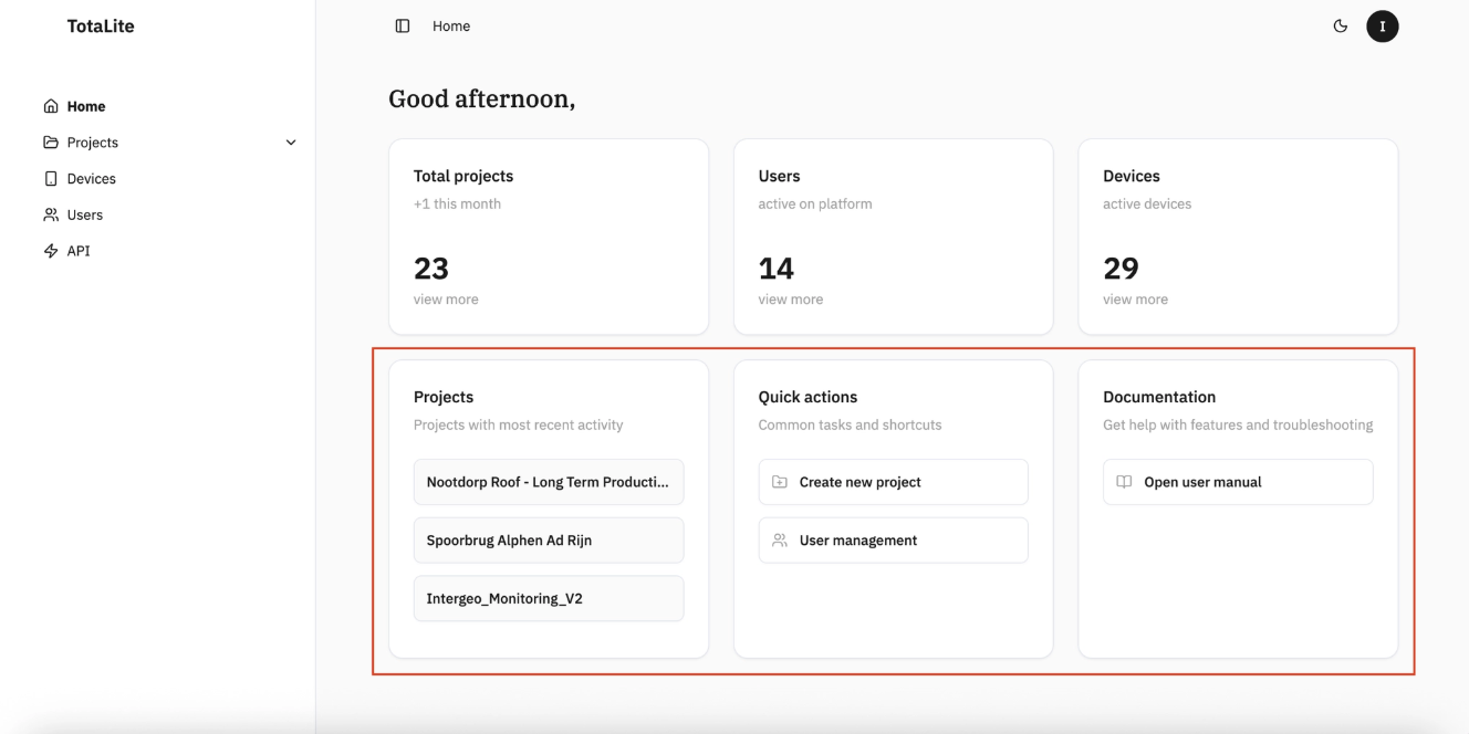 bottom section with "projects" "quick actions" and "documentation"