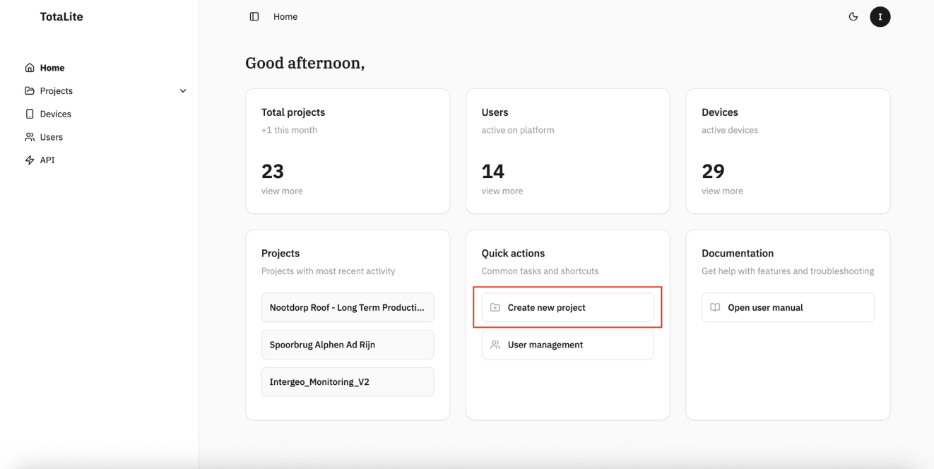 “Create new project” button via “Quick actions” panel