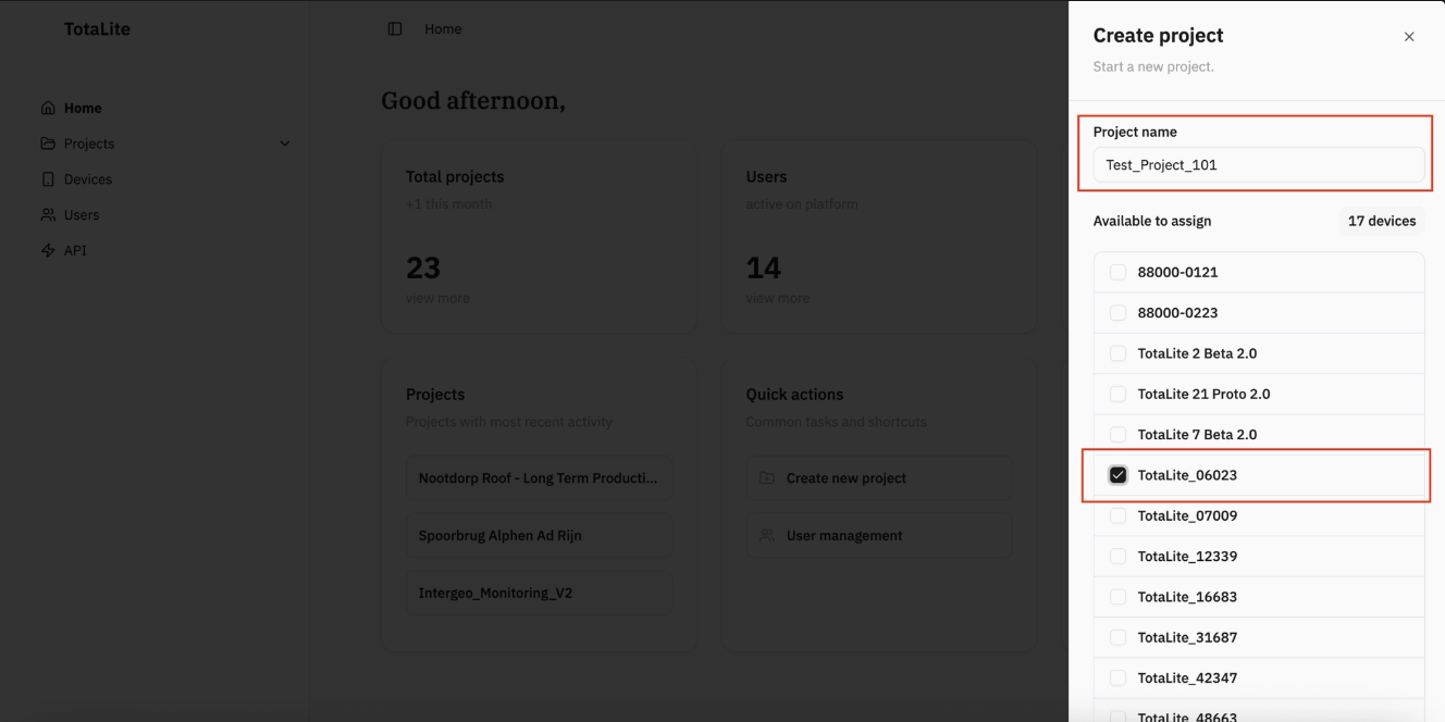 “Project name” field and available device selection