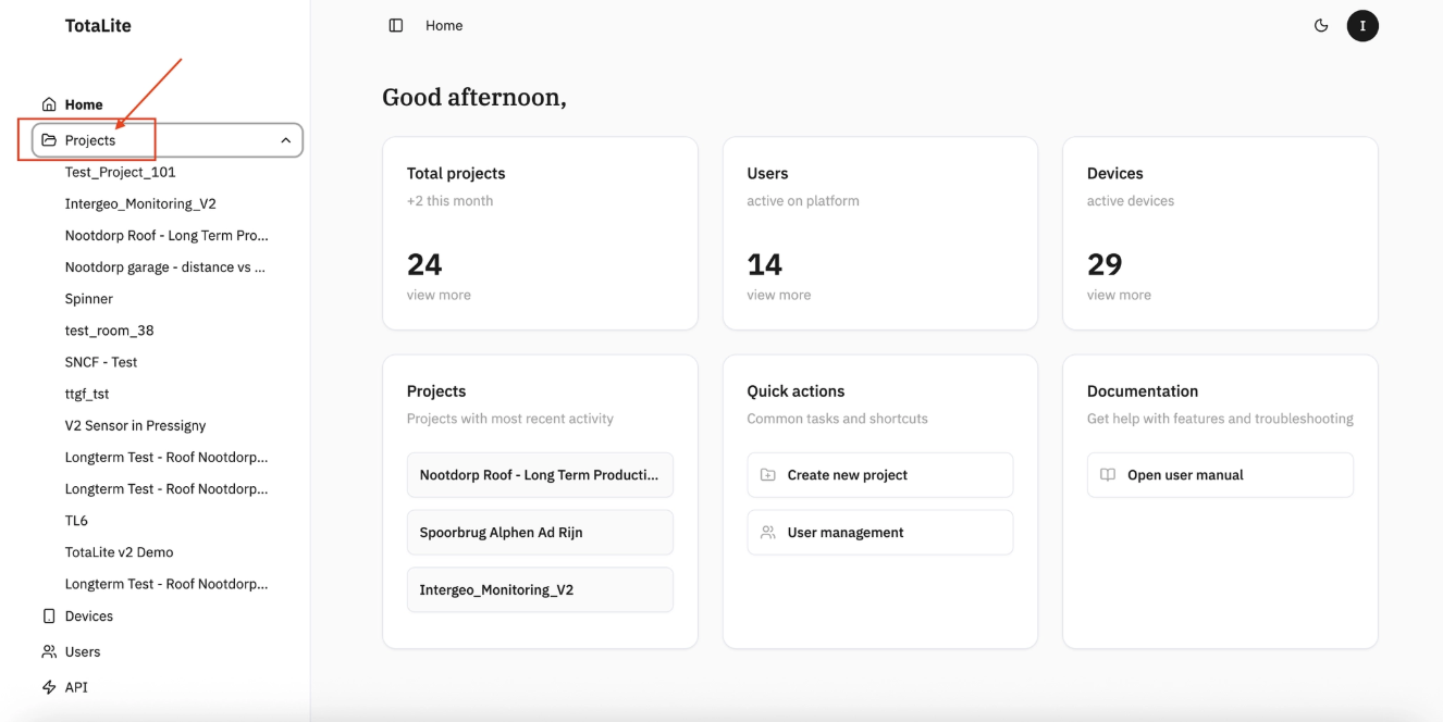 TotaLite Projects Tab Dropdown showing all available projects