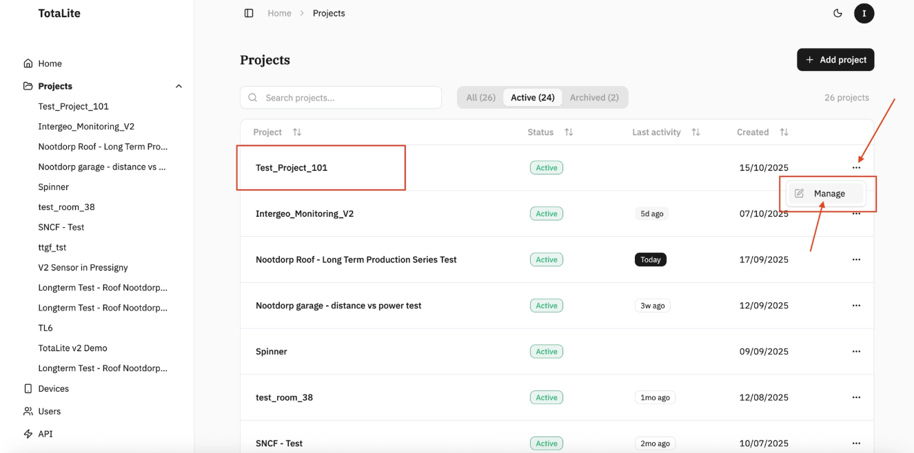 “Manage” project button