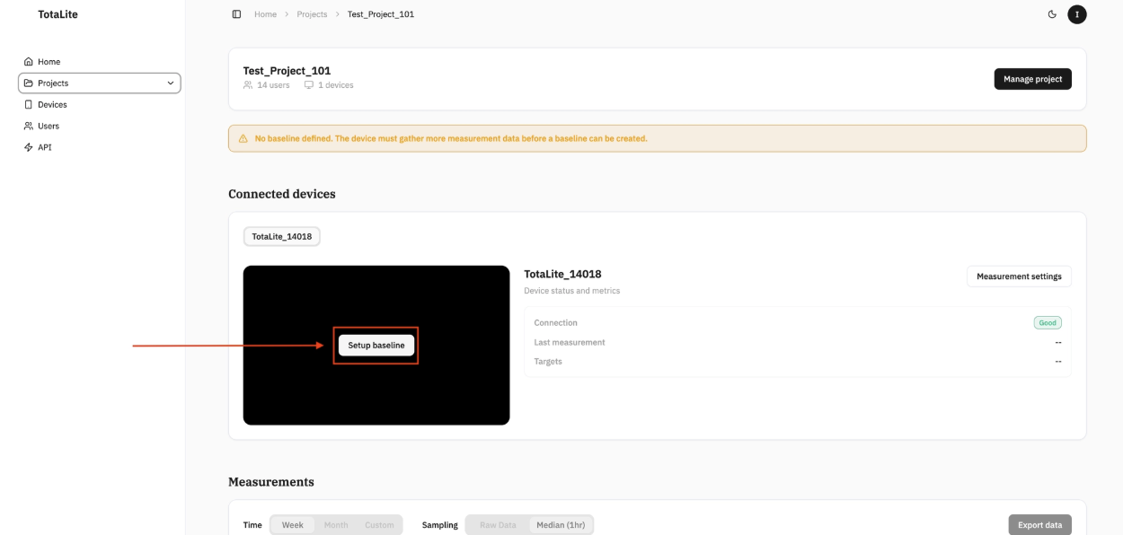 Project Page with the “Setup baseline” button next to the specific Sensor.