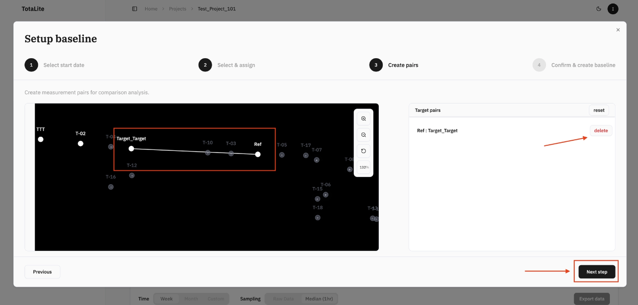 Target pair line between “Target_Target” and “Ref” with delete button and “Next step” button