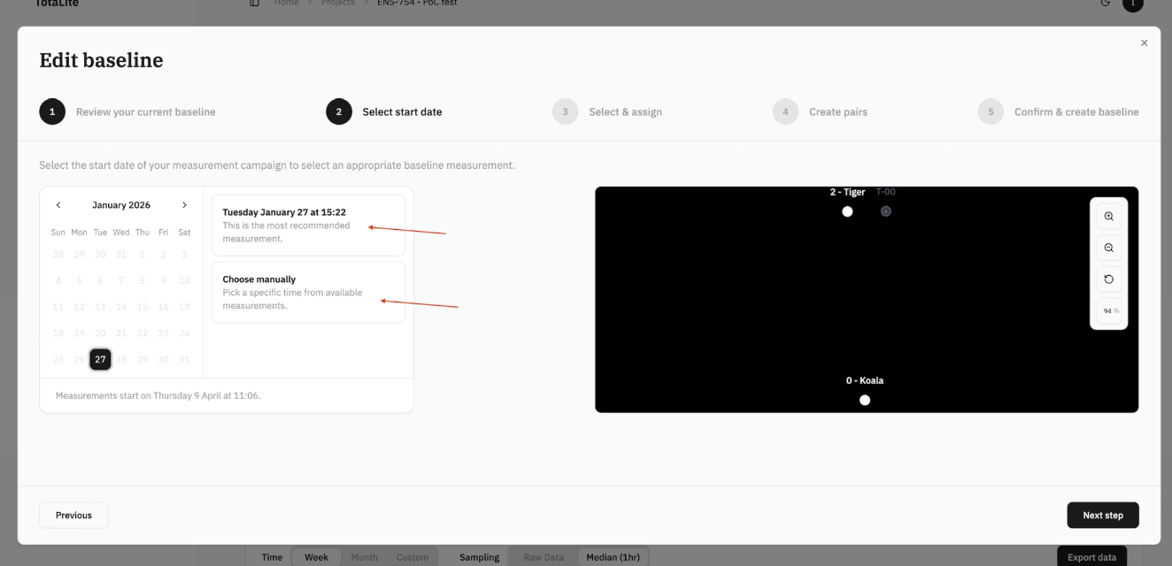 Select start date and timestamp for new baseline.